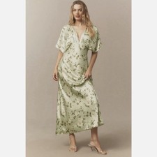 BHLDN Leila Deep V Maxi Dress Green White Floral Women’s Size 10 ALTERED