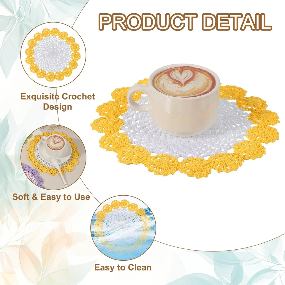 1Pcs Crochet Handmade Doilies 8.2" Placemats Lace Coasters White, Dark Yellow Foto 3 de 4