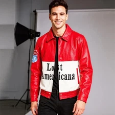 Machine Gun Kelly Red Leather Bomber Jacket Men Real Leather Streetwear Jacket