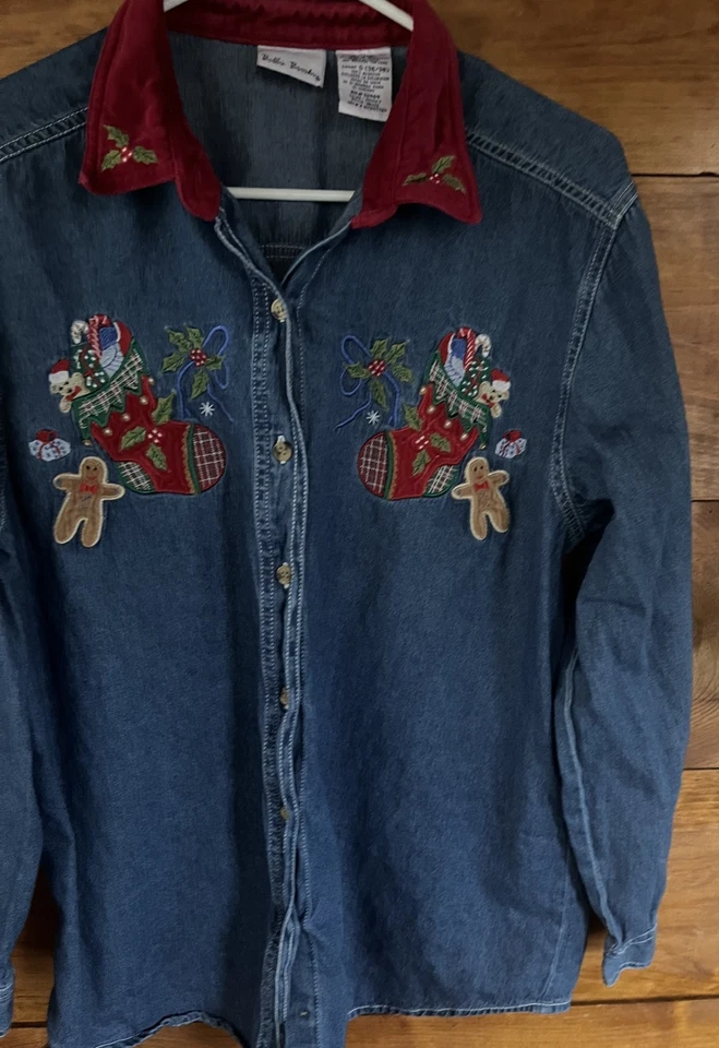Vintage Bobbie Brooks L Christmas Embroidered Denim Shirt Stocking Gingerbread - Image 4 of 4