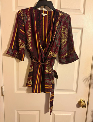 EST. 1946 Women's Kimono Robe L Tie Belted Striped V-Neck 3/4 Burgundy