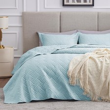 King Size Quilt Set Light Blue Bedspreads - Soft Bed Summer Lightweight Microfib