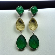 925 Silver Dangle Earring Hydro Lemon Quartz & Green emerald Tripal Drop Earring
