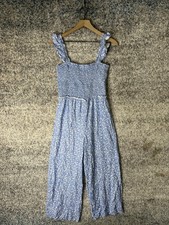 Intermix Jumpsuit Womens 4 Blue Floral Smocked Wide Leg Ruffle Strap Rayon