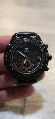 Aqua Master Black Leather Band Men's Watch Diamond Bezel - WORKING