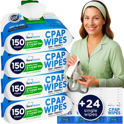 CPAP Mask Cleaning Wipes - 4 Pack, 150 Count + 24 Travel Sheets, Skin Safe