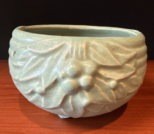 1930s McCoy Pottery Hanging Planter Flower Pot Leaves & Berries Aqua Green 8”W