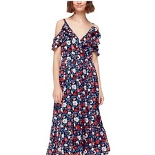 Kate Spade New York Floral Cold Shoulder Ruffle Maxi Dress Size 4 Navy