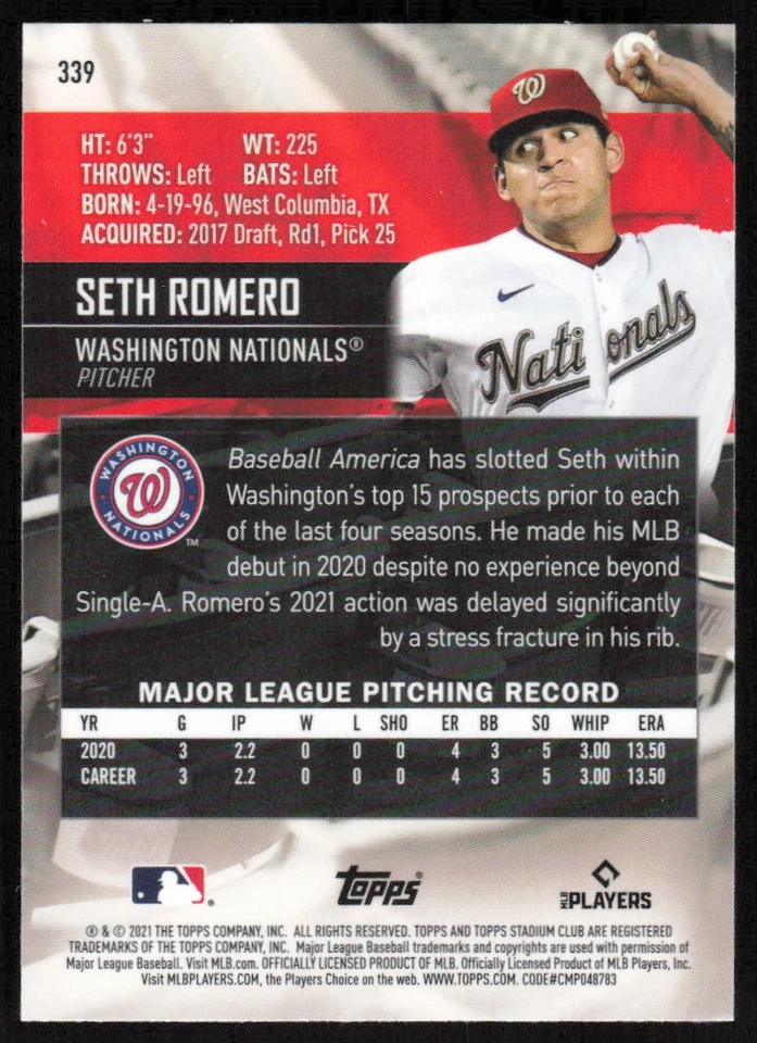 2021 Stadium Club Chrome #339 Seth Romero RC - Image 2 of 2