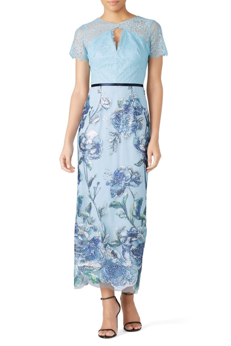 Marchesa Notte Floral Sequin Embellished Light Blue Artwork Midi Dress - Size 4 Marchesa Notte Floral Sequin Embellished Light Blue Artwork Midi Dress - Size 4