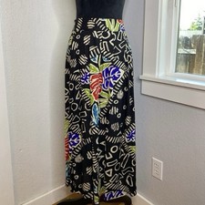 Vintage 80s Worthington Black Abstract Botanical Print Pleated Midi Skirt