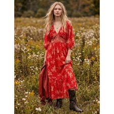 Free People Bohemian Gypsy Golden Hour Maxi Dress Cherry Red Medium 70's Floral
