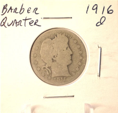 1916 D Barber Quarter - U.S. 25 cents silver coin in circulated condition