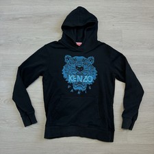 Kenzo Paris Embroidered Tiger Hoodie Pullover Sweater In Black With Blue Accents