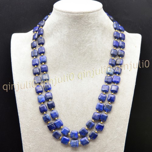 Natural Blue Lapis Lazuli 12mm Flat Square Gemstone Beads Necklace 14-100 inches - Picture 8 of 29