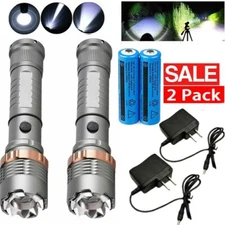 2X 990000LM LED Flashlight Tactical Adjustable Focus Torch Lamp Light+Batt+Char