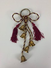 Vintage Christmas Jingle Brass Bells Door Knob Gold Burgandy Roping Holiday Bell