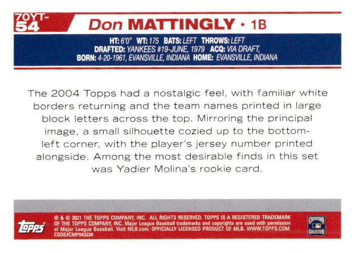 Don Mattingly 2021 Topps #70YT-54 New York Yankees - Image 2 of 2