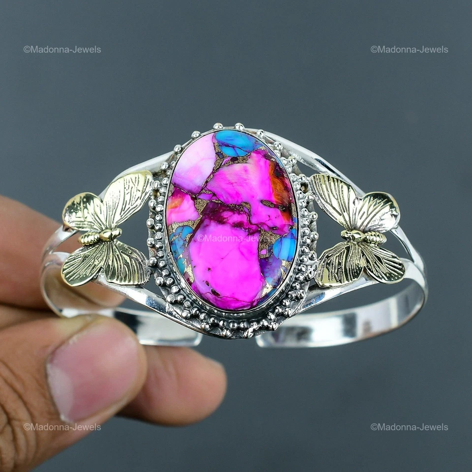 Brazalete de plata esterlina natural Kingman rosa dalia turquesa piedras preciosas joyería Foto 3 de 4