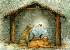 Two Golden Labrador Retrievers in Manger with Jesus Box of 16 Christmas Cards