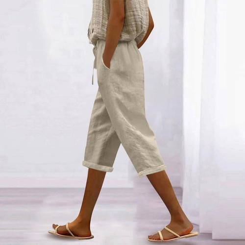 Women's Fashion Casual Loose Solid Colour Cotton Linen Drawstring 7/10 Pants - Picture 43 of 72