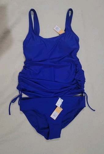 Kona Sol Side Cinch Tie Tankini BIikini Set Swim Blue NWT Large