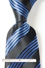 New Classic Striped Blue Black JACQUARD WOVEN 100 Silk Men's Necktie Tie