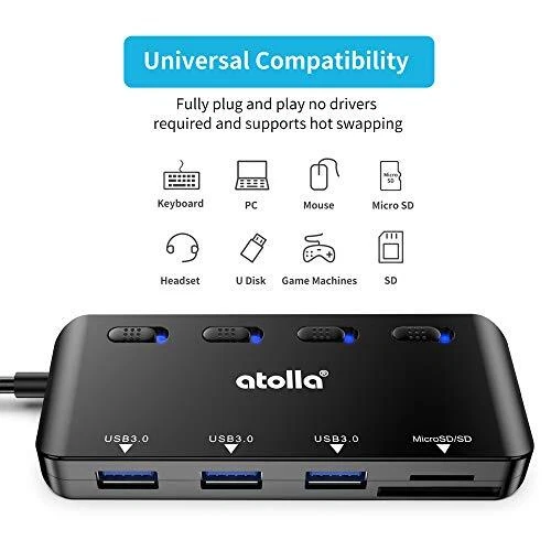 USB SD Card Reader, USB Hub with Sd/Micro SD Card Reader, USB Splitter with 3 U