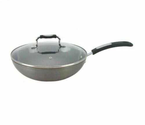 Non Stick Kadai Wok Chinese Cooking Deep Aluminium Glass Lid Stir Fry Pan Hob