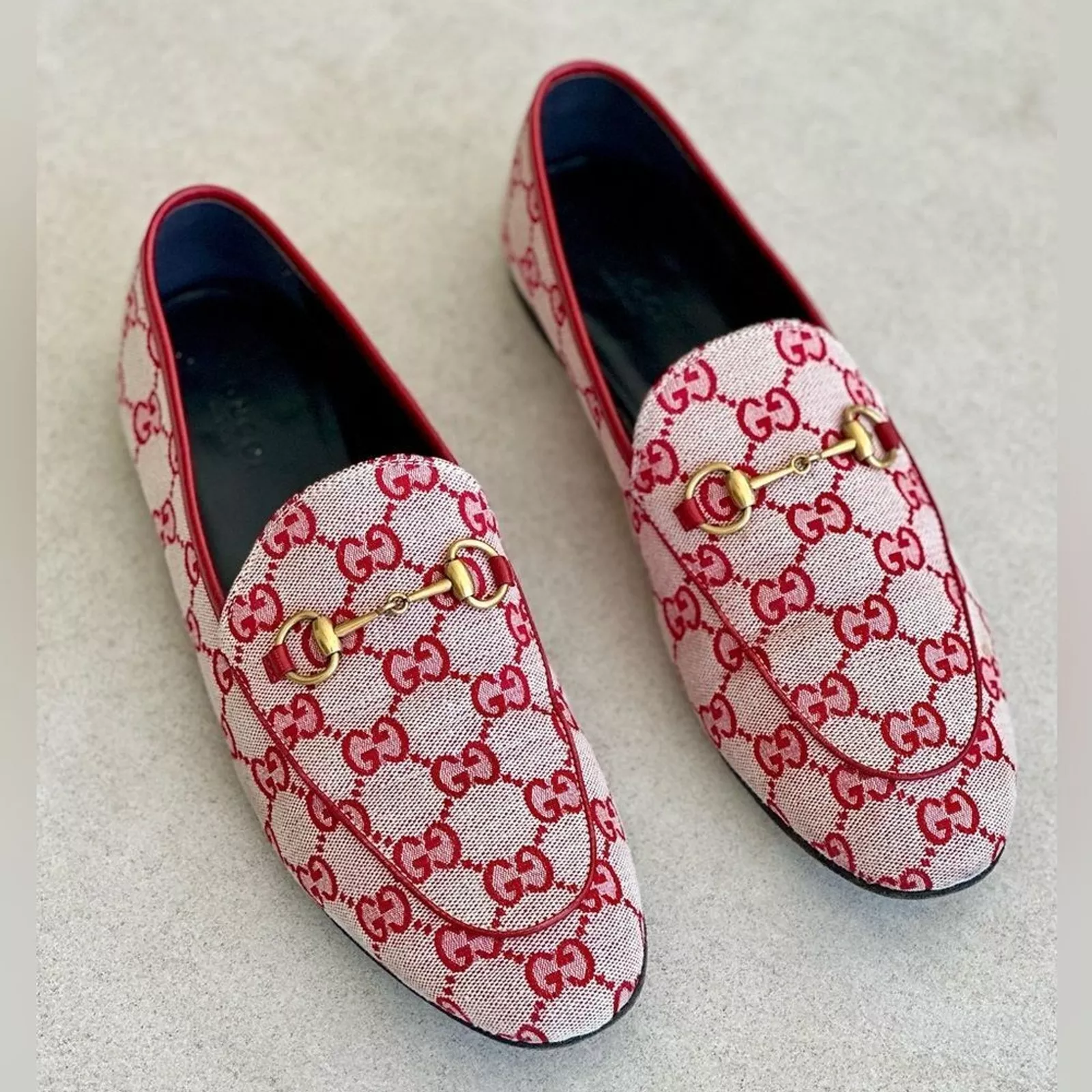 Mocassins Gucci Jordaan Horsebit EU 40 US 10 rouge toile GG boucle plate suprême