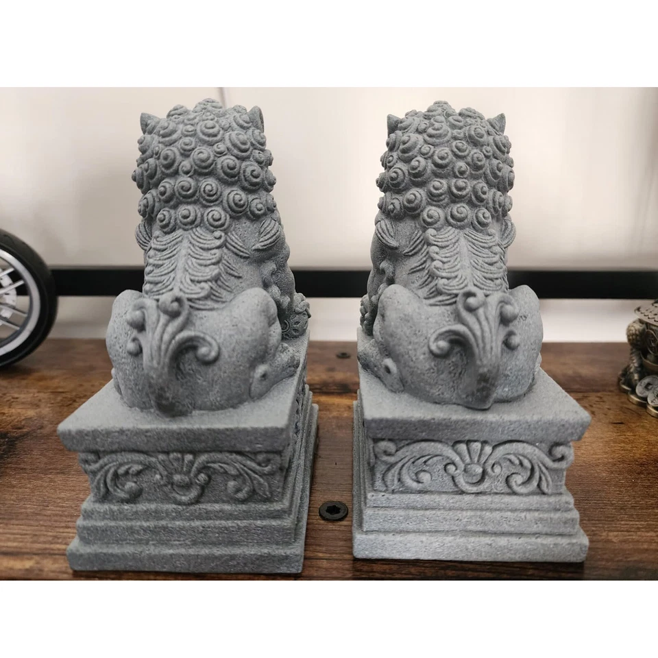 Chinese Foo Dogs Statues Pair Guardian Lion Statues Fu Foo Dogs Stone Bookend - Image 4 of 4