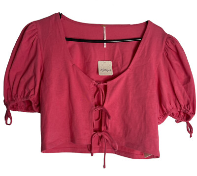 Free People Kitty Tee Velvet Rose Crop Top Tie Up Front Puff Sleeve  Romantic NWT