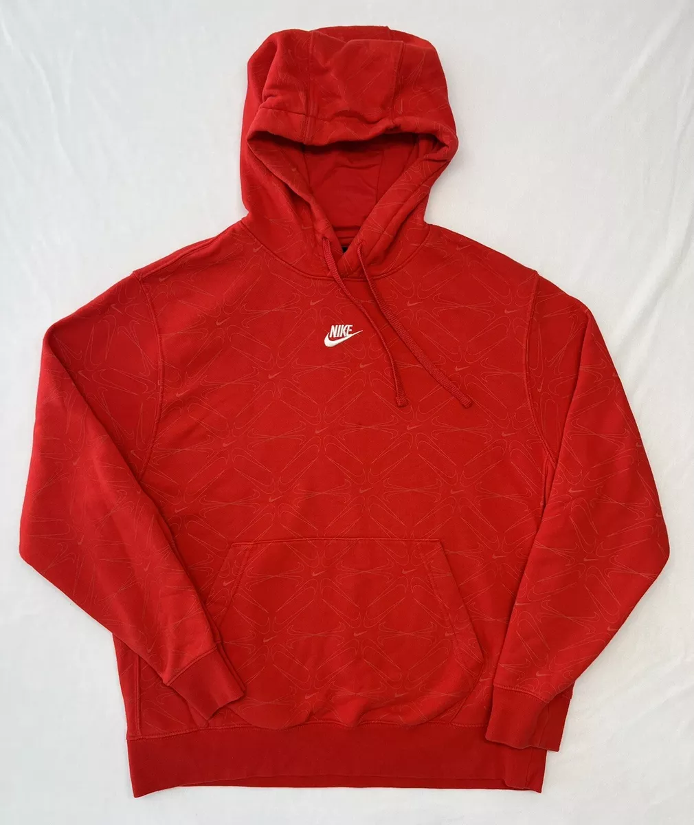 Nike Center Swoosh Check All Over Print Sweatshirt Hoodie Red Size Large