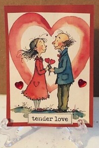 ACEO Art Trading Card ATC Original OOAK Tender Love Red Gem Hearts Loving Couple