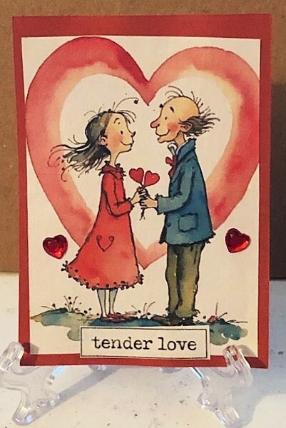 ACEO Art Trading Card ATC Original OOAK Tender Love Red Gem Hearts Loving Couple