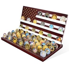 11 Rows American Flag Challenge Coin Display Holder Stand - Wooden Mahogany