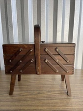 Vintage Wooden Accordion Style Sewing Box 3 Tier Chest Cabinet Romania Made