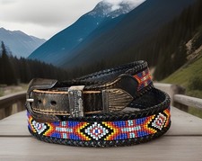 1991 Vintage Glass Beaded Leather Southwest Western Belt Men s Women s Size 34