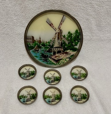 Vintage Porcelain Glass Tray with Metal Trim & 6 Coasters Windmill Scene Holland