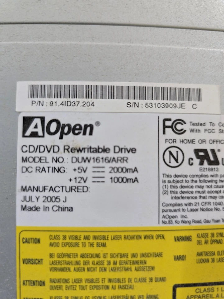 AOpen DVD/CD-RW Drive DUW1616/ARR Internal Optical Burner -FAST FREE SHIPPING! - Image 3 of 4