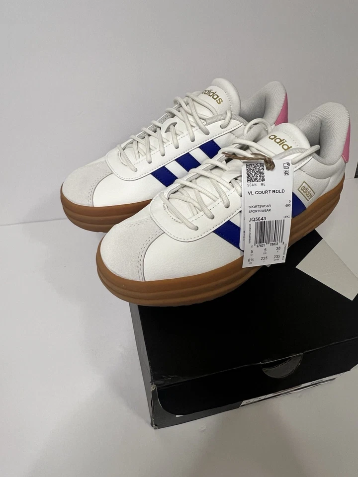 Adidas Mujer VL Court Bold # JQ5643 Talla 6 1/2 Blanco Azul Rosa Foto 4 de 4