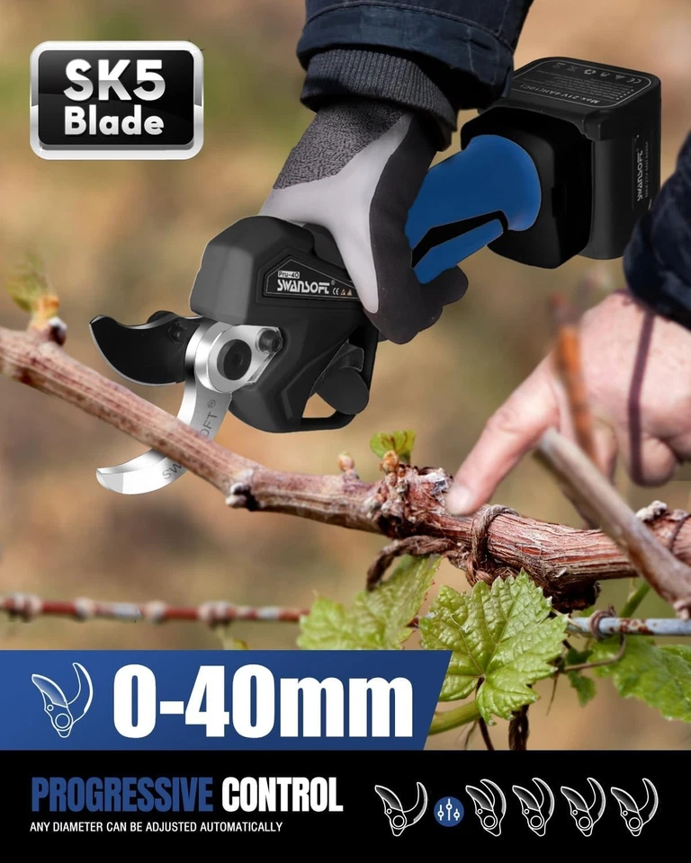 SWANSOFT PRU40 Forbici Potatura a Batteria, Professionali 40mm 21V 1050W 4Ahx2 C - Immagine 2 di 4