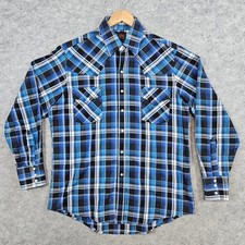Plains Western Wear Men's Plaid Shirt Long Sleeve Blue Black Size M Pearl Snaps