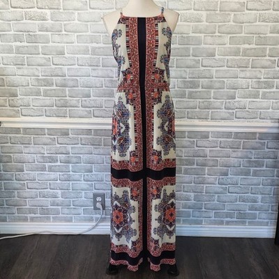 Dress barn Plisse Maxi Dress 12 Tile Medallion Border Print Boho Halter Long