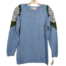 Vintage Adrienne Vittadini Blue Women’s Sweater L Knit Floral Hydrangea Pullover