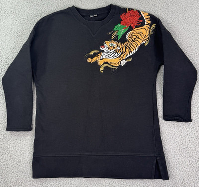 BOBI Los Angeles Sweatshirt Womens Black Tiger Embroidered Graphic Crewneck