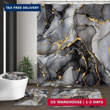 NBVKO 4 Pcs Black Marble Shower Curtain Sets with Rugs Gold Bathroom Sets with S
