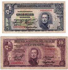 LOT OF TWO L.1939 URUGUAY 5 & 10 PESOS NOTES - p36b,37c VF