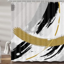Black and Gold Abstract Shower Curtain, Chic Design White Grey Art Designer F...