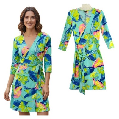 Bold Elements Wrap Dress Wmn's Sz S Tropical Print 3/4 Sleeve Knit Tie at Waist